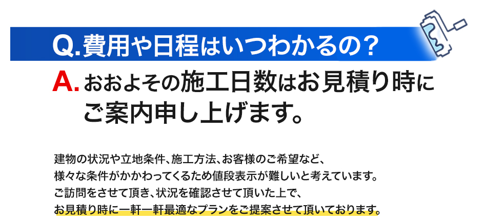 Q.費用や日程はいつわかるの？A.おおよその施工日程はお見積り時にご案内申し上げます。